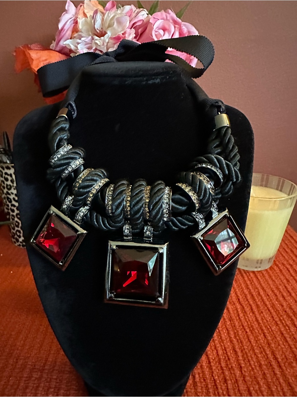 Elegant Vintage Black Statement Necklace with Deep Red Gem Pendants